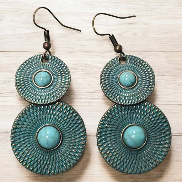Boho Tribal Style Patina Turquoise Dangle Earrings Gypsy Style Mixed Metal - Picture 5 of 9